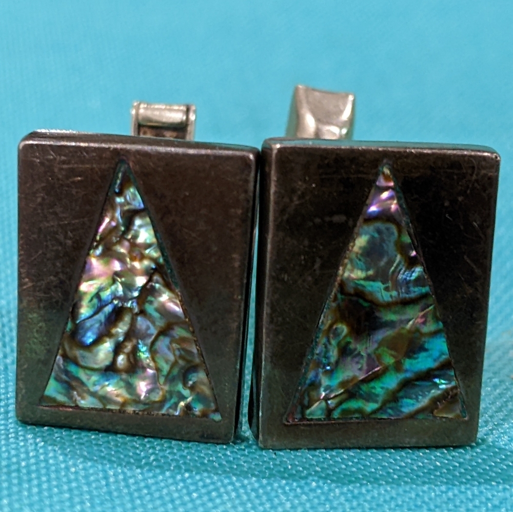 Vintage Alpaca Silver Abalone Shell Cufflinks  Geometric .75" X .5"